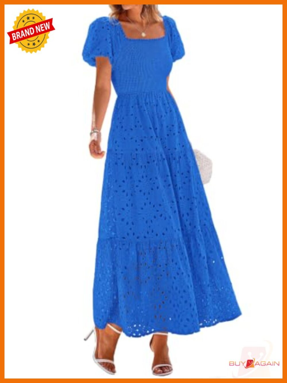 Womens Eyelet Maxi Dress Smocked Square Neck Puff Sleeve Wedding Guest